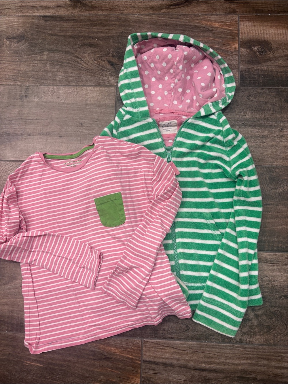 Mini Boden Pink Stripe Tee & Green Stripe Hooded Sweatshirt Set
